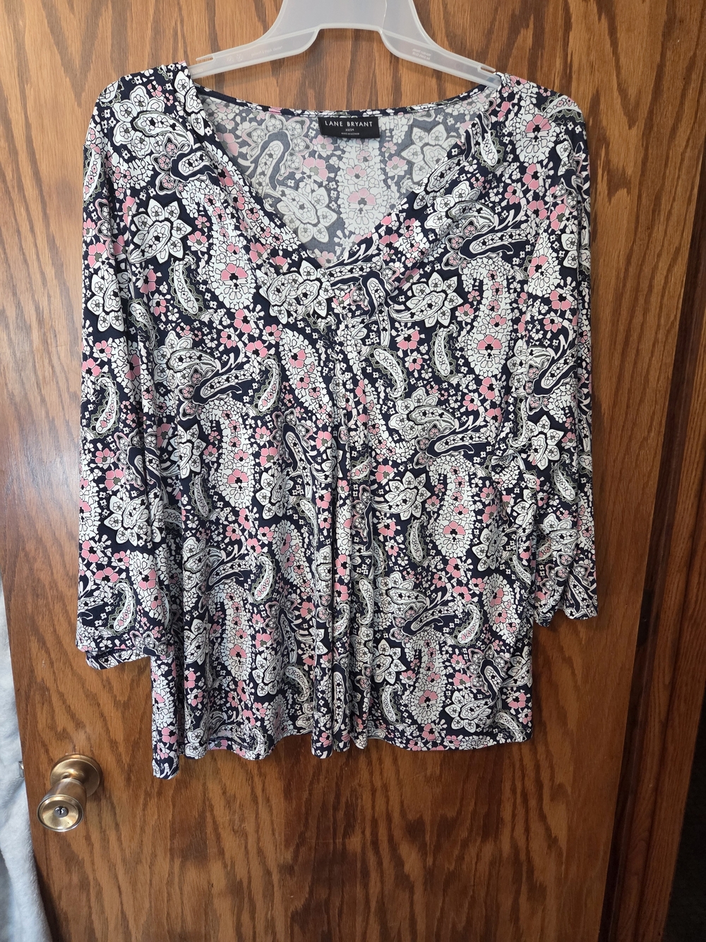 Lane Bryant Navy Paisley Blouse with Pink and White Accents